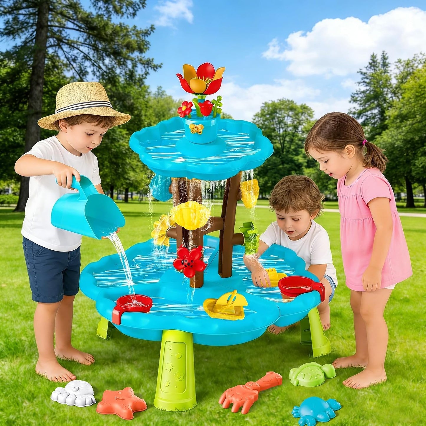 Linkowin Kids Flower Water Sand Table for Toddlers, 2 Tier Kids Outdoor Water Sand Play Table Toys, Splash Sensory Table for Summer Beach Activity