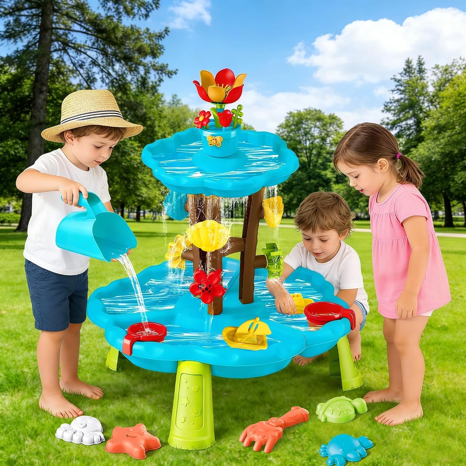 Linkowin Kids Flower Water Sand Table for Toddlers, 2 Tier Kids Outdoor Water Sand Play Table Toys, Splash Sensory Table for Summer Beach Activity
