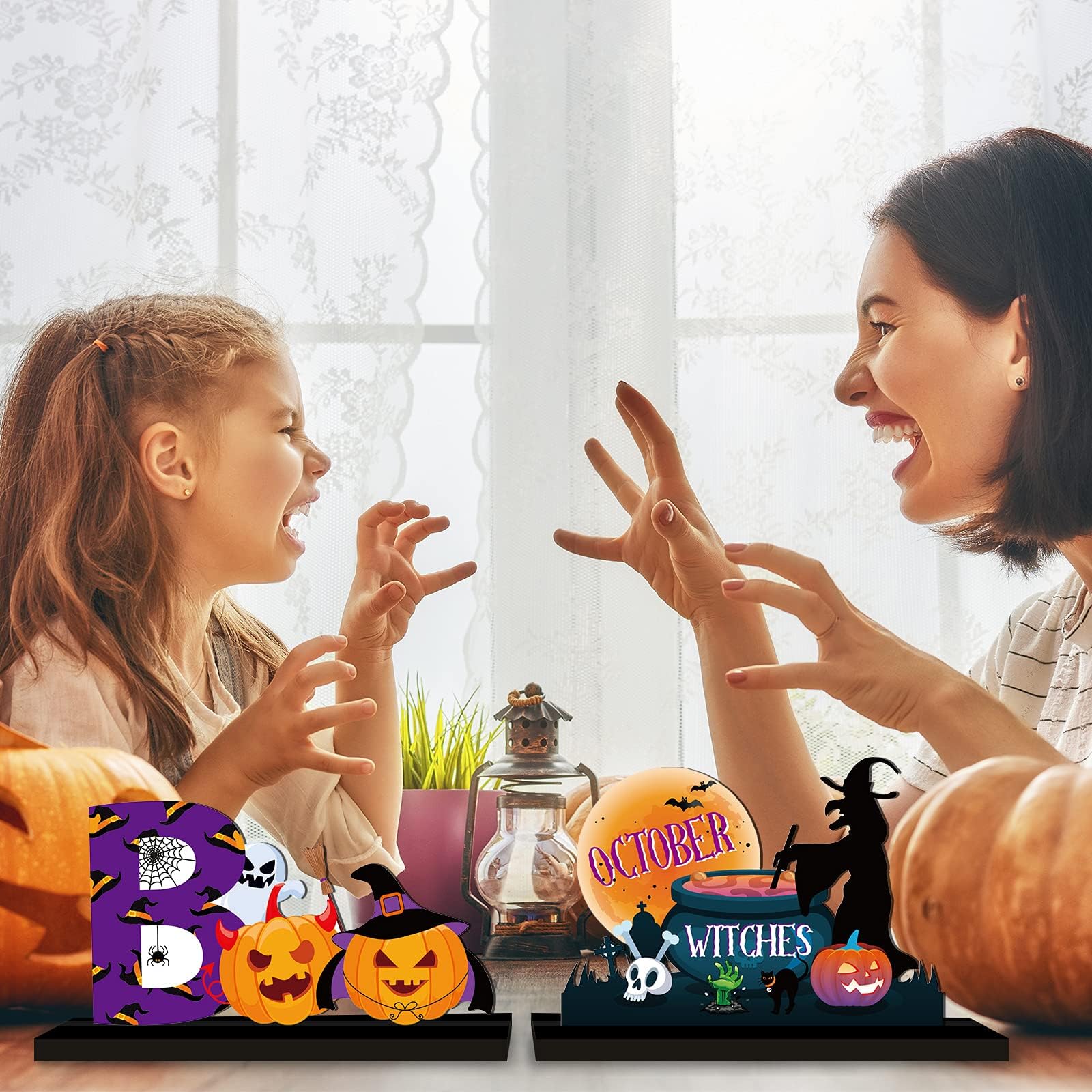 4 Pieces Halloween Party Decorations Wooden Treat or Trick Party Supplies Halloween Centerpieces Boo Table Decorations for Home Holiday