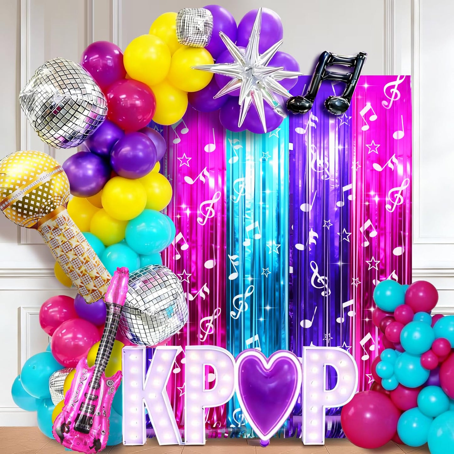 Korean Idol Movie Birthday Party Decoration, Including 2 Pack K Pop Music Notes Pattern Streamers, 26pcs Balloons & 1pcs Birthday Banner for Demon