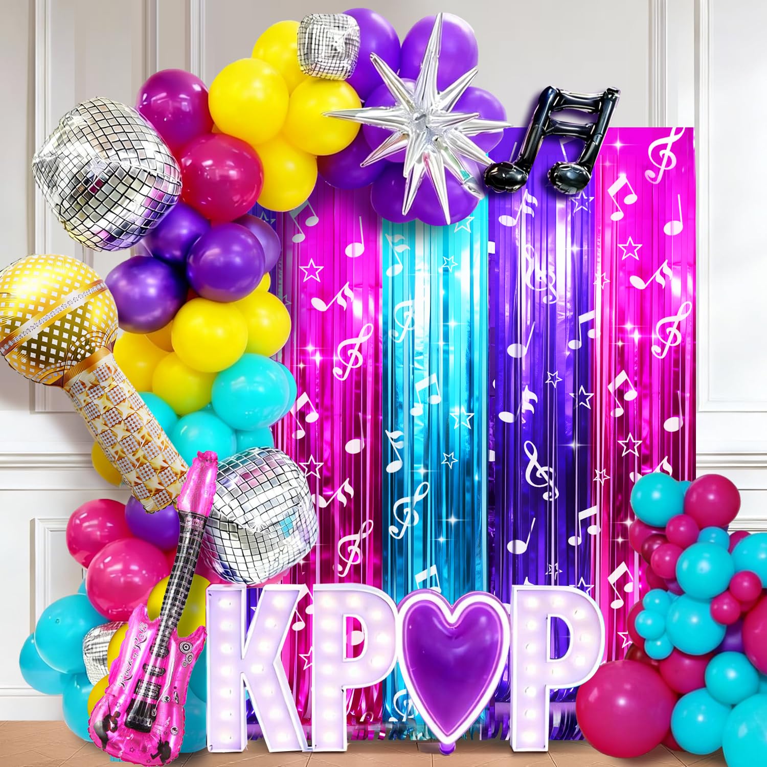 Korean Idol Movie Birthday Party Decoration, Including 2 Pack K Pop Music Notes Pattern Streamers, 26pcs Balloons & 1pcs Birthday Banner for Demon