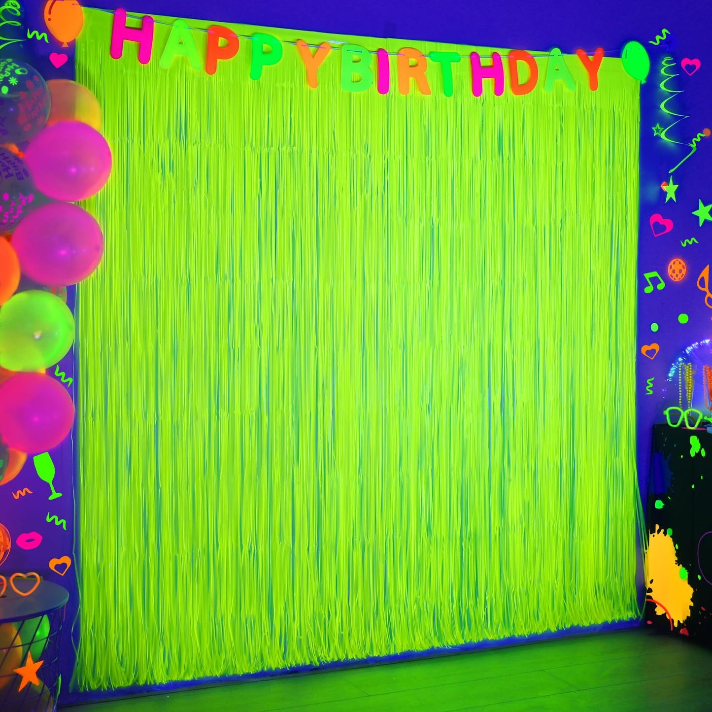 Mega-L Glow in The Dark Party Supplies, Neon Party Decorations, 2 Pack 6.6x6.6 ft Fluorescent Green Foil Fringe Curtains, Glow Photo Backdrop