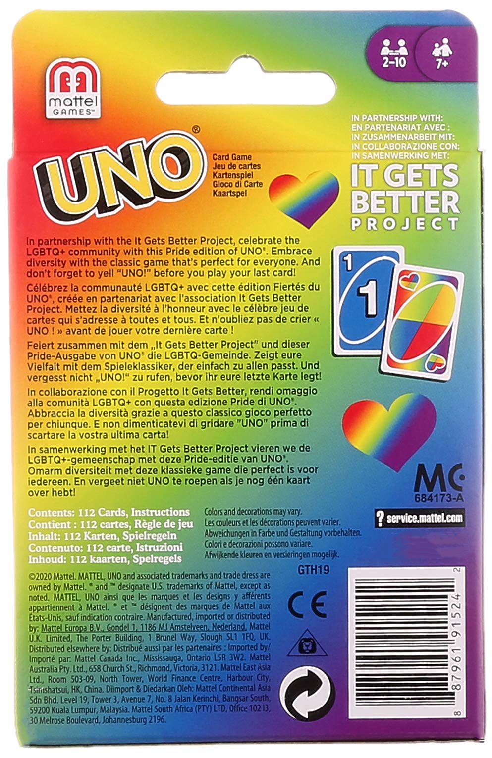 Mattel Games UNO Play with Pride Card Game with 112 Cards and Instructions, Great for Ages 7 Years Old & Up