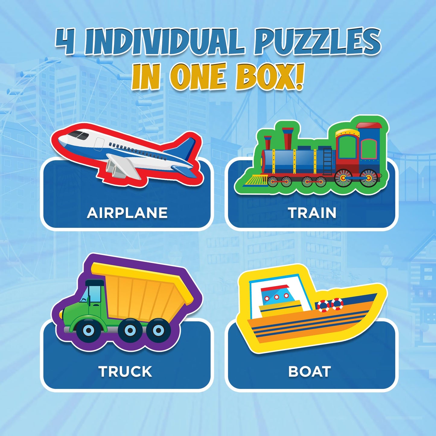 Darice Transport Vehicles 4-in-1 Jigsaw Puzzles for Kids - 48 Pieces Total (Four 12-Piece Puzzles) - Airplane, Train, Ship, and School Bus