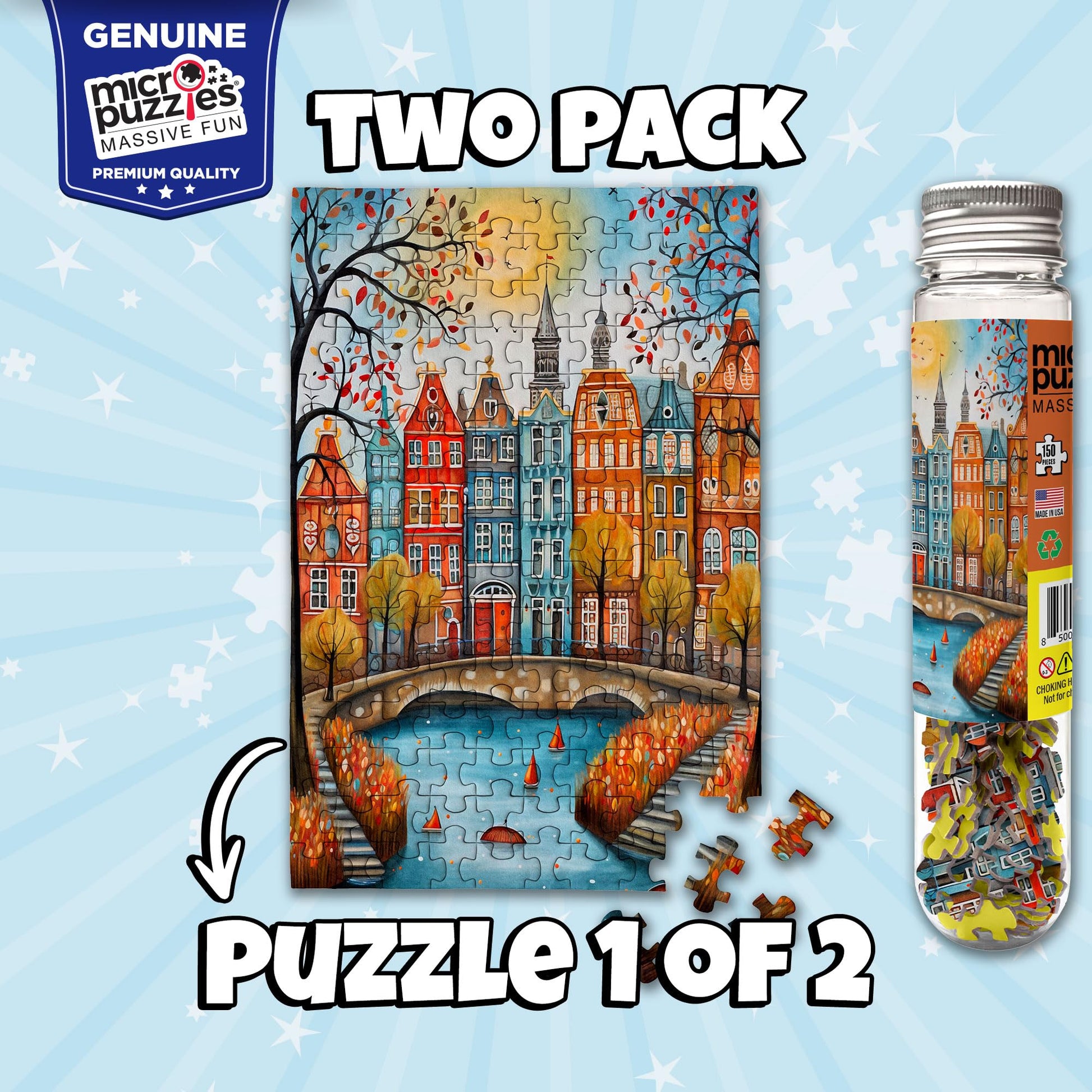 MicroPuzzles “City & Moon Scape” Mini Jigsaw Puzzle 2-Pack - 150-Piece Night-Skyline Travel 4×6 in Puzzle Gift | Made in USA | Small Business