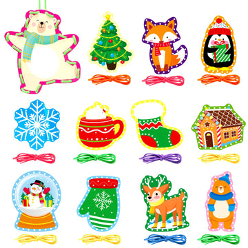 Winter Animal Lacing Cards For Kids 12 Packs Double Sided Sewing Kits Christmas Sewing Cards Educational & Learning Activities Fine Motor Skill