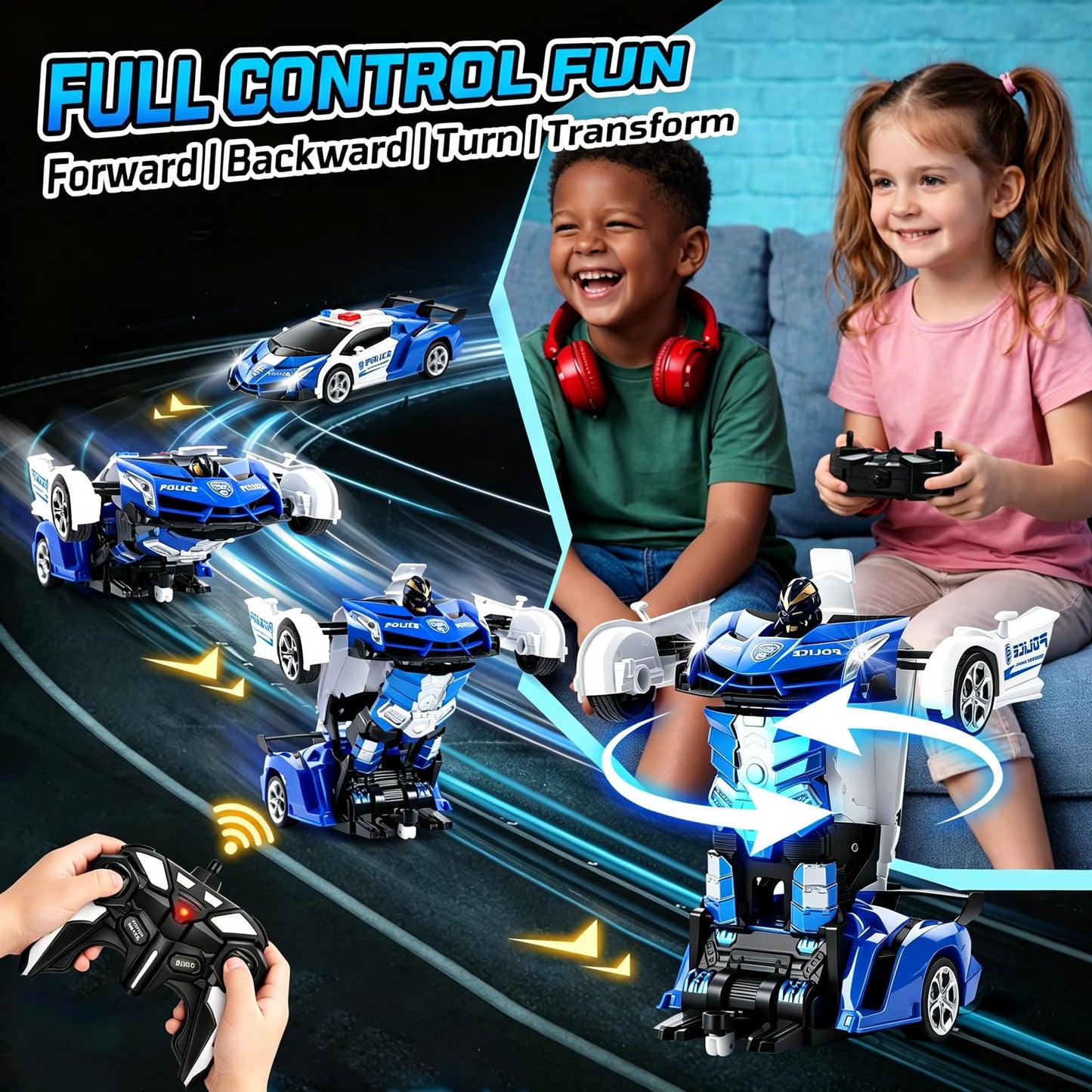 FIGROL Police Transformer Car, 2.4GHz Remote Control Police Car, One-Key Auto Transform, Dual Rechargeable Batteries, 360° Rotation, LED Lights Toy
