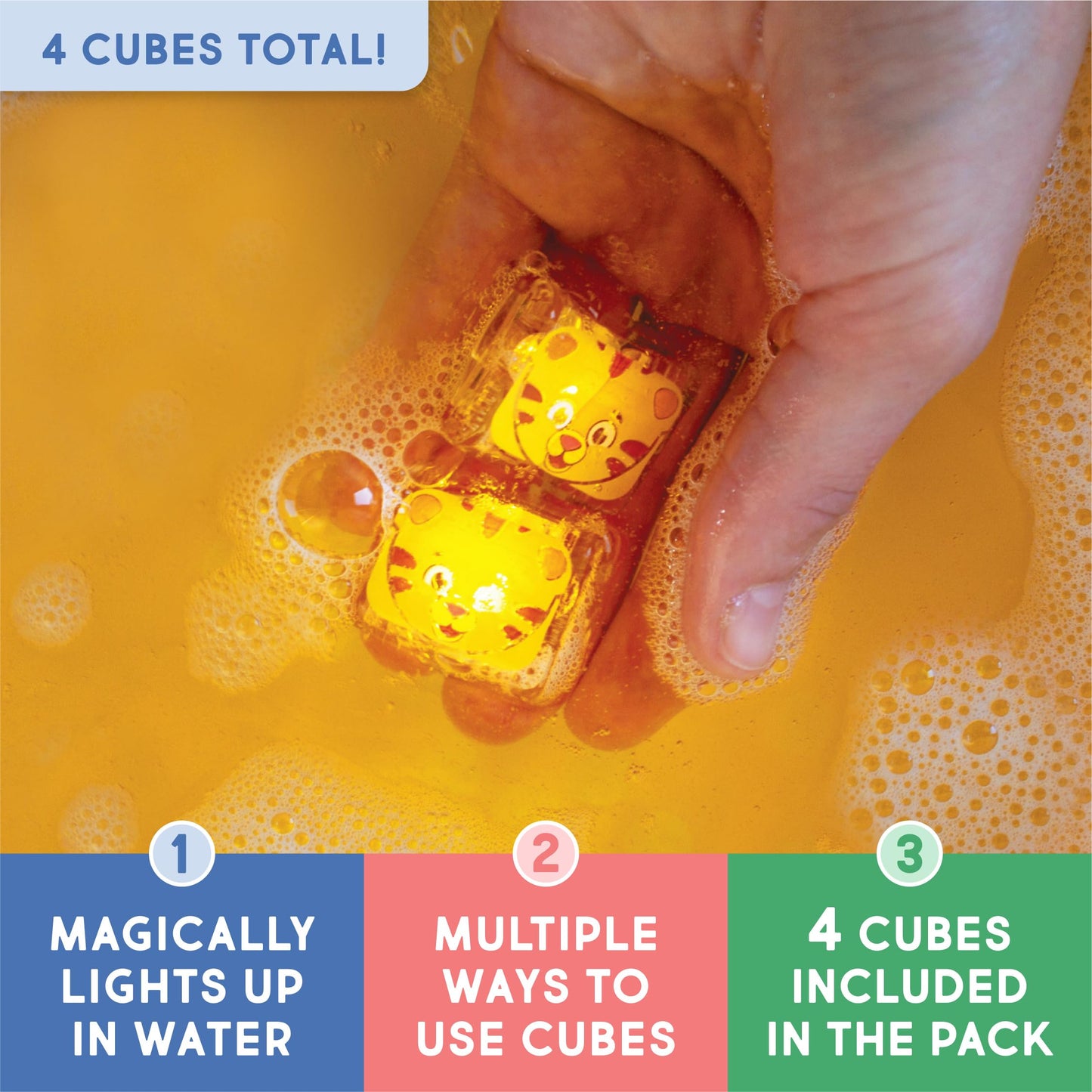 Glo Pals Water Daniel Tiger Activated Light-Up Sensory Bath Toy Vibrant Cubes for Bathtime and Sensory Play, Pack of 4