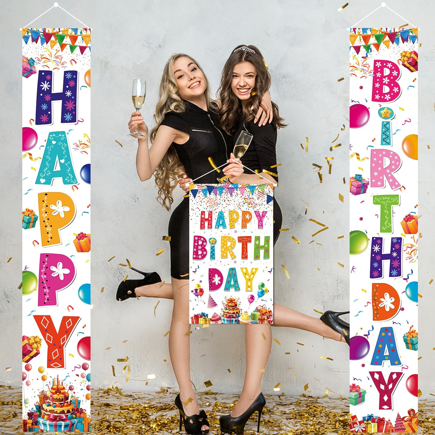 AiFaoobs 3 PCS Colorful Happy Birthday Banner Door Porch Sign Photography Black Background Party Supplies for Kids Boys Girls Birthday Party Supplies