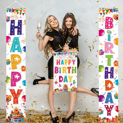 AiFaoobs 3 PCS Colorful Happy Birthday Banner Door Porch Sign Photography Black Background Party Supplies for Kids Boys Girls Birthday Party Supplies
