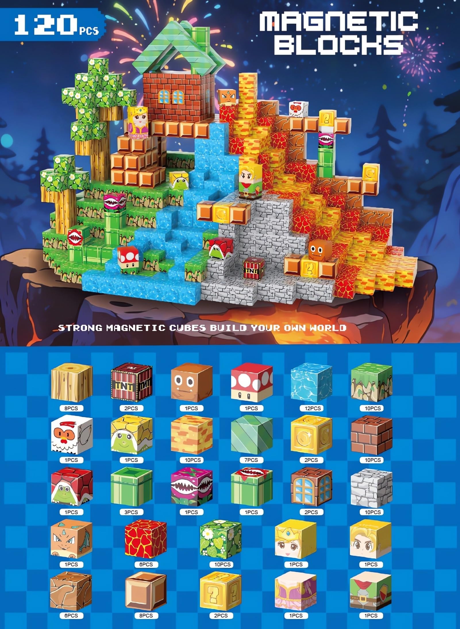FGFXL Magnetic Blocks, 120-Piece 0.8in Building Magnet Adventure Game Set, Stacking Building Blocks Cubes Magnets for Kids, STEM Sensory Creative Toys