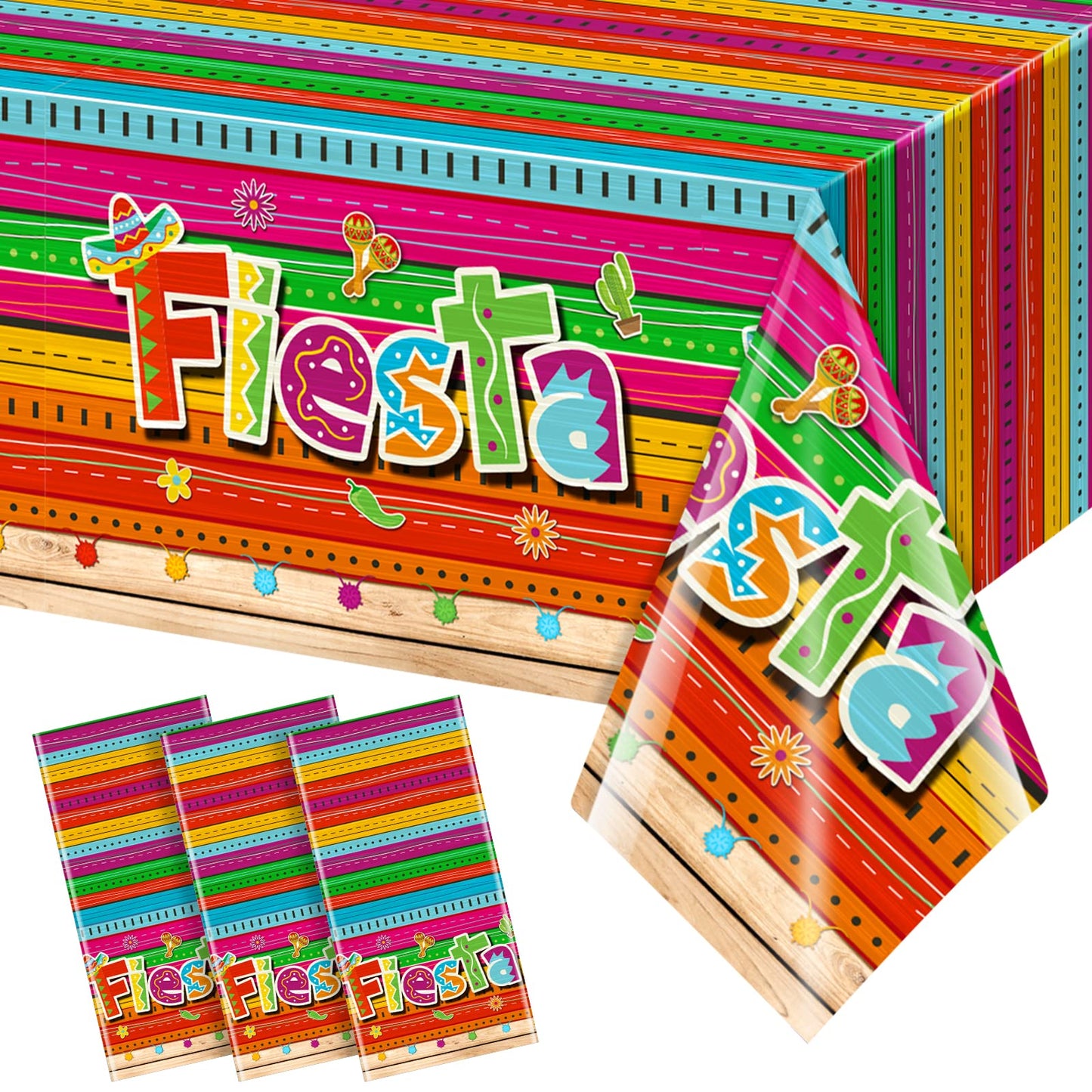 Jectivs 3 Pieces Mexican Fiesta Party Tablecloth Decorations,Plastic Cinco De Mayo Printed Table Cloth Table Cover for Fiesta Taco Night Birthday