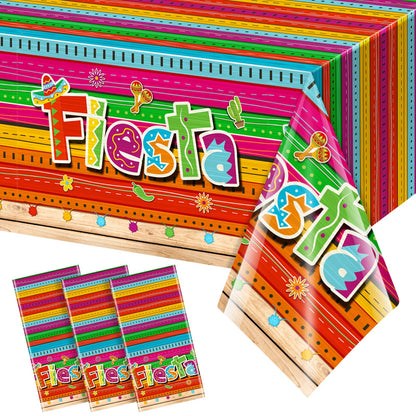 Jectivs 3 Pieces Mexican Fiesta Party Tablecloth Decorations,Plastic Cinco De Mayo Printed Table Cloth Table Cover for Fiesta Taco Night Birthday