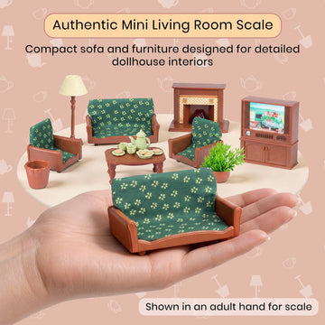 OLEOCA Family Deluxe Dollhouse Living Room Set - Sofa & Two Armchairs, Coffee Table, TV Stand, Fireplace, Floor Lamp, Plant & Tea Set - Dollhouse