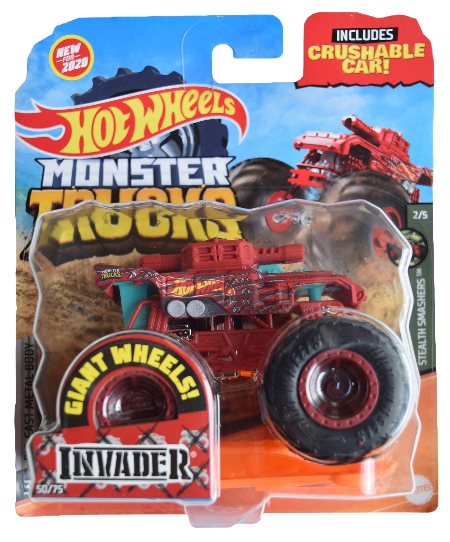Hot Wheels Monster Trucks Invader - Includes Crushable Car - red