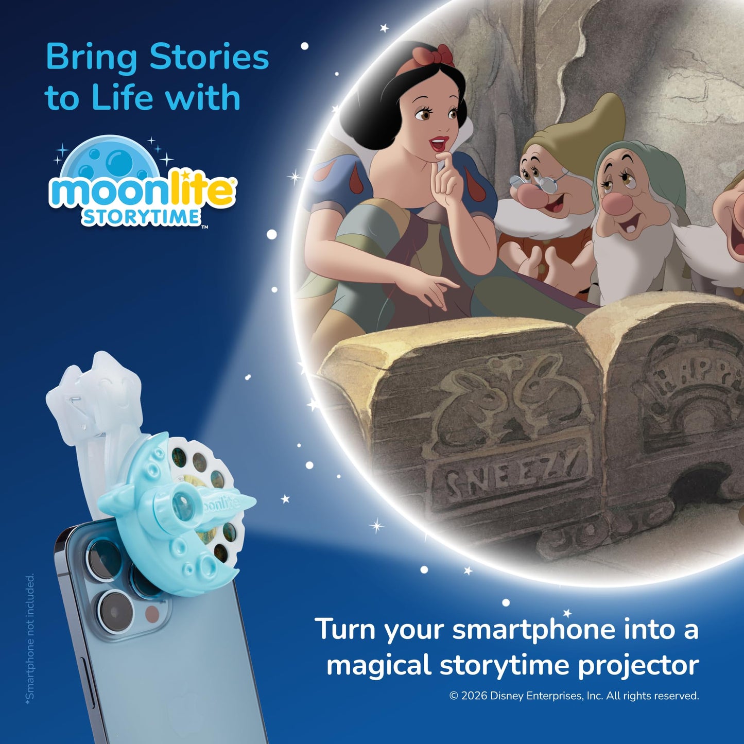 Moonlite Storytime Starter Pack with Smartphone Projector, Picture Disc and Four Stories, Ideal for Bedtime, Storytime and Family Travel - Disney