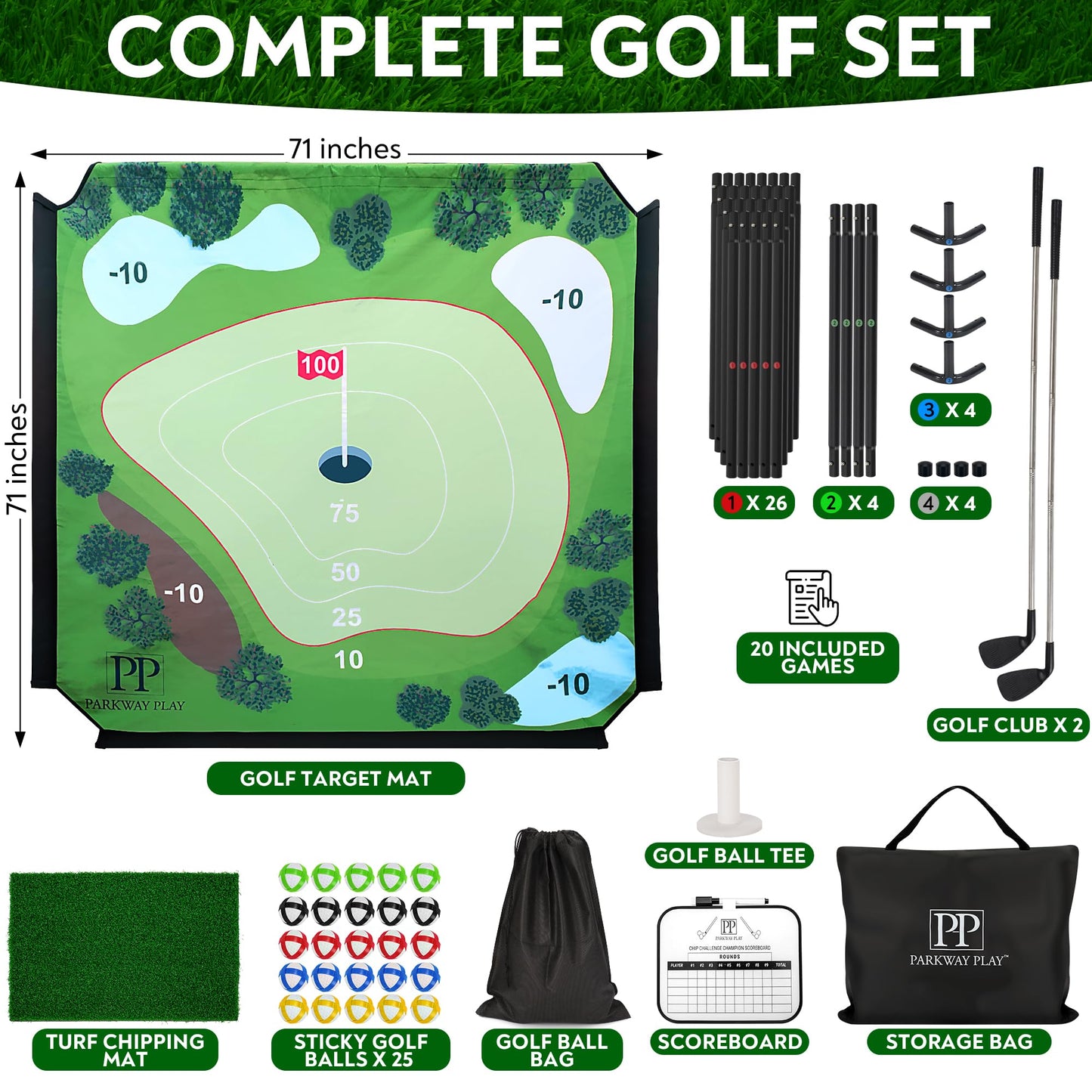 Parkway Play Sticky Golf Chipping Game Set 6x6 ft Metal Frame, Backyard Target Game, 2 Clubs, 25 Sticky Balls, Turf Mat, Indoor Outdoor Yard Sport