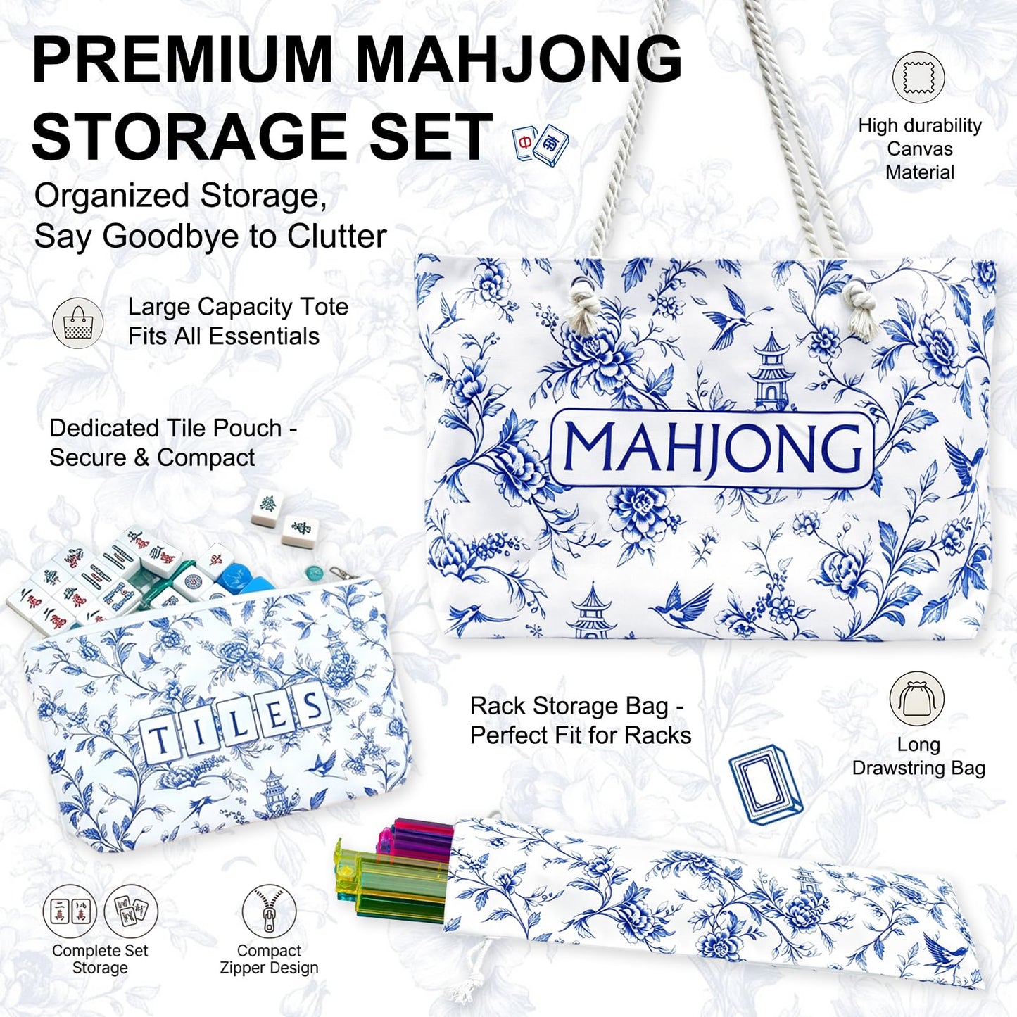 CTHMTMXS Blue and White Mahjong Bag Set for Tiles and Racks, 3 Piece 16 oz Canvas American Mahjong Carrying Bag with Zipper Tile Bag and Drawstring