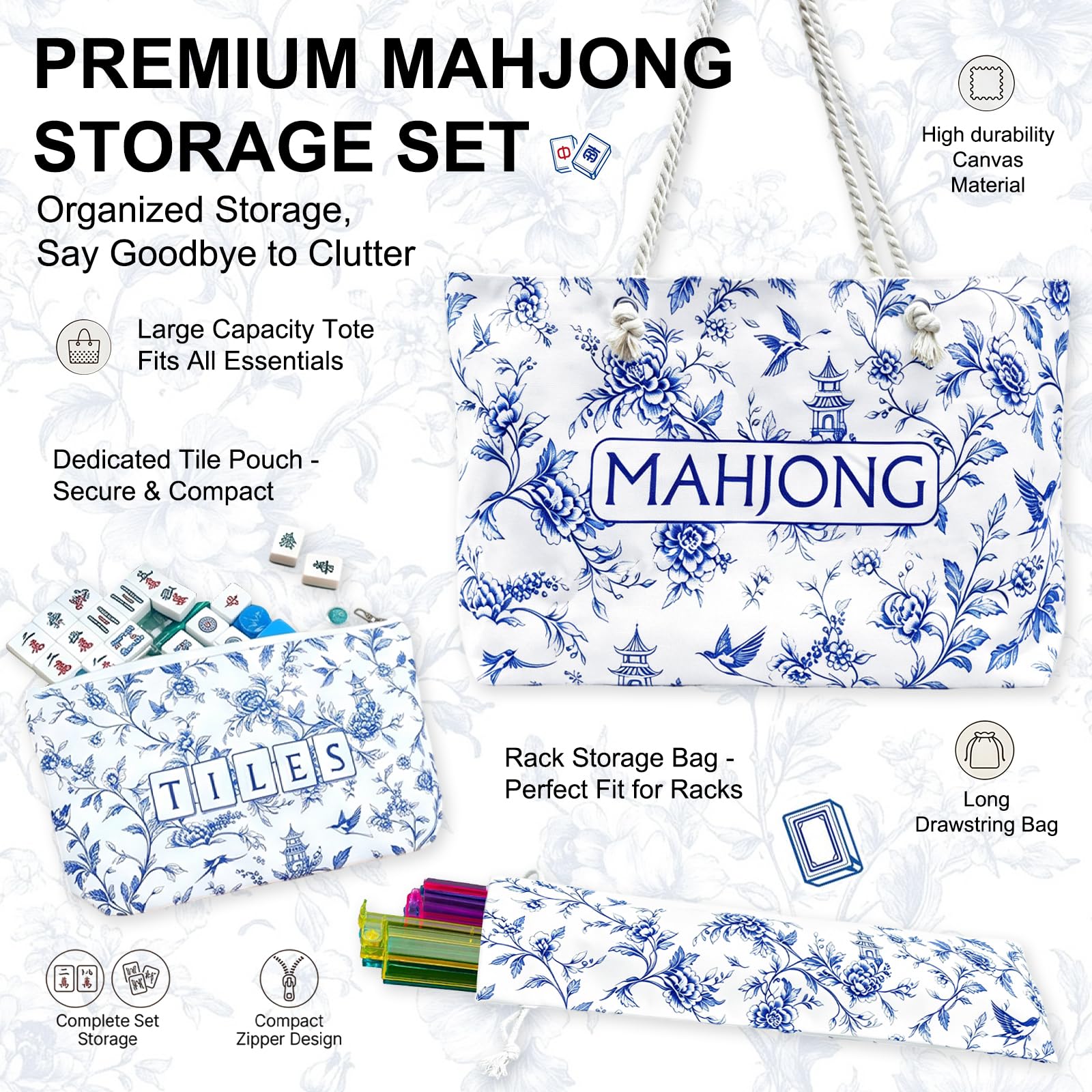 CTHMTMXS Blue and White Mahjong Bag Set for Tiles and Racks, 3 Piece 16 oz Canvas American Mahjong Carrying Bag with Zipper Tile Bag and Drawstring