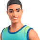Barbie Fashionistas Ken Doll #236 with Black Hair, Wearing Blue and Green Ombre Tank with Jean Shorts and Silver Sneakers