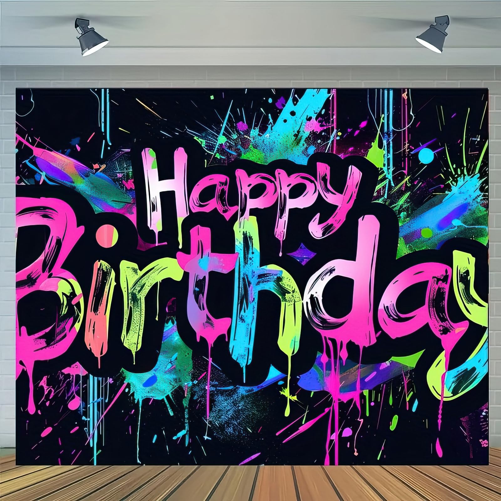 HOMETITUTE Neon Happy Birthday Banner 71x43 Inch Photography Backdrops
