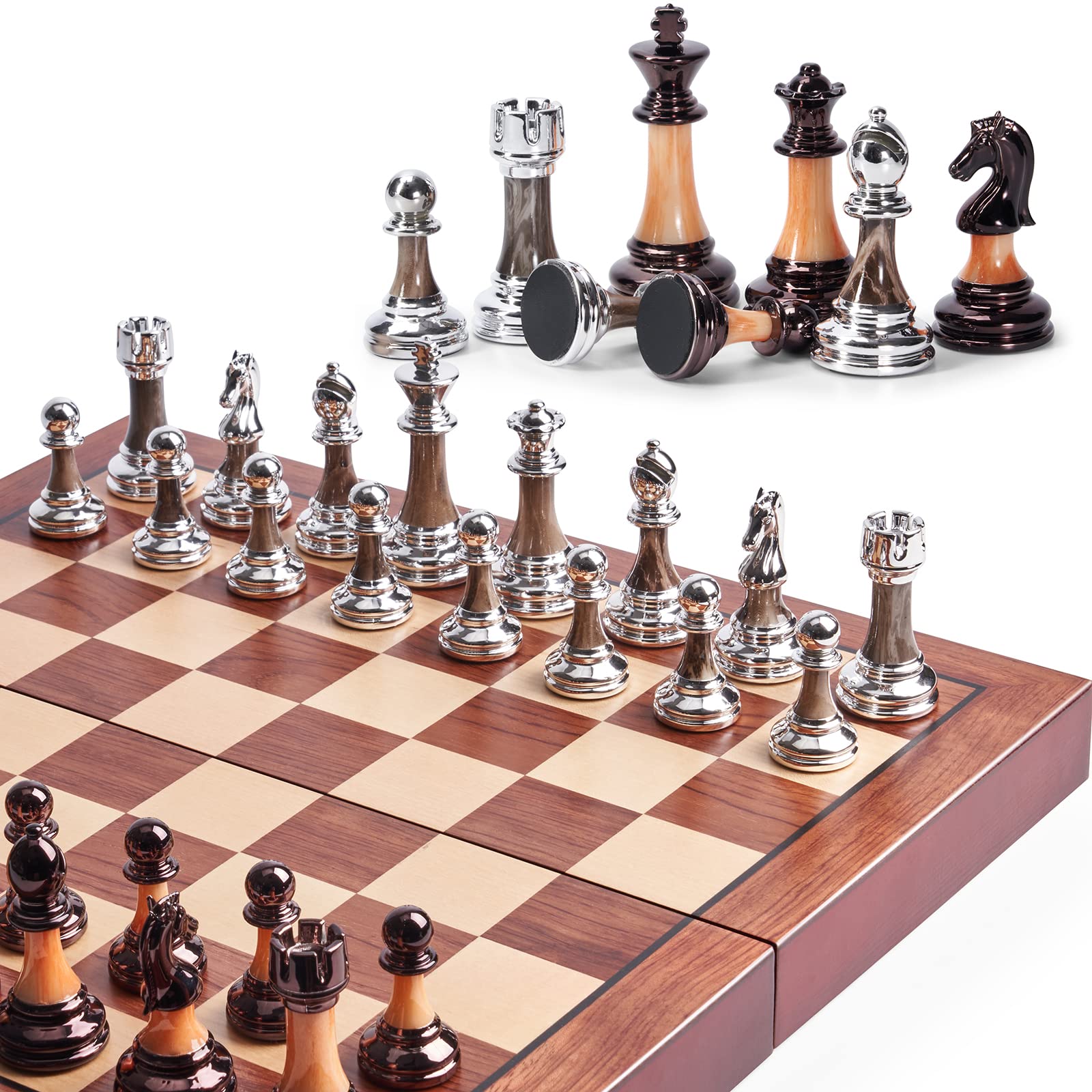 VAMSLOVE Chess Set Large 16''/42cm Folding Wooden Board with Deluxe Weighted Acrylic Chess Pieces - 3.5" King with Storage Slots for Adults House
