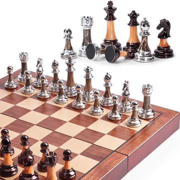 VAMSLOVE Chess Set Large 16''/42cm Folding Wooden Board with Deluxe Weighted Acrylic Chess Pieces - 3.5" King with Storage Slots for Adults House