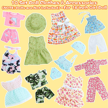 MCZQXW 10 Sets Fashion Doll Clothes and Accessories for 18 Inch Girl Doll, 17 Pcs American Doll Clothing, Dresses, Outfits