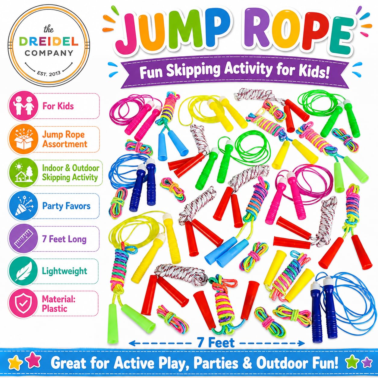 Jump Rope Assortment for Kids (12-Pack), Indoor & Outdoor Skipping Activity, Party Favors, 7 Feet