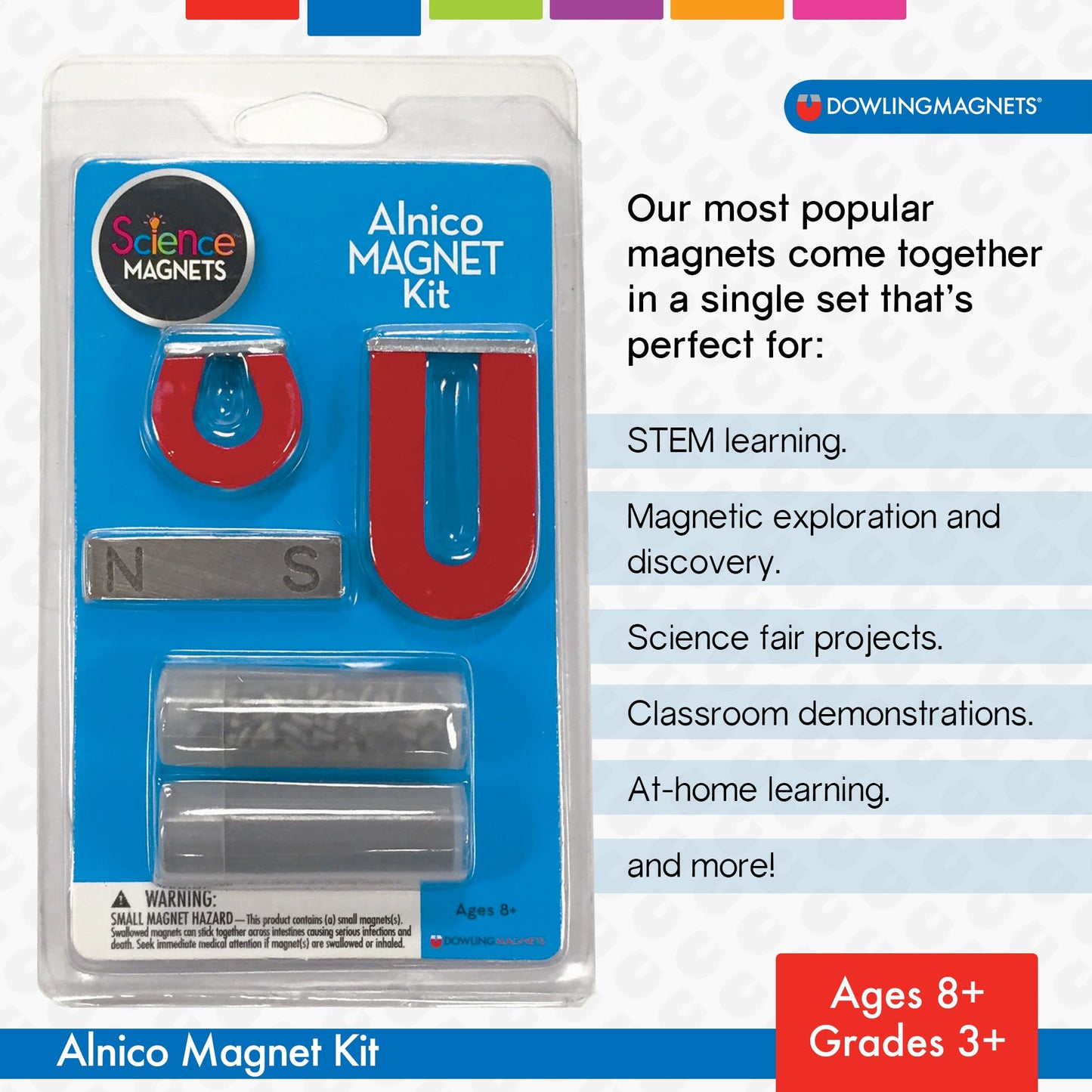Dowling Magnets Alnico Magnet Science Kit. Magnets for Kids Including 2 Horseshoe Magnets, 1 Bar Magnet, Iron Filings and Iron Shapes for Fun Science