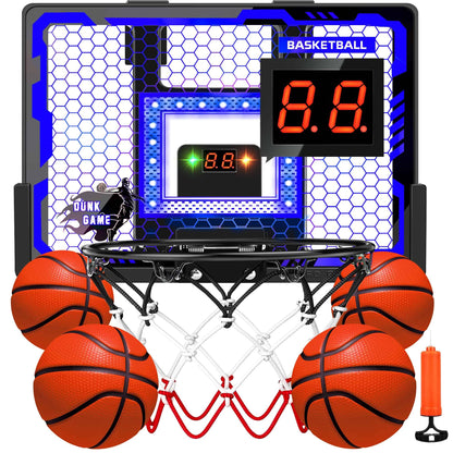 Indoor Basketball Hoop Pro for Kids, Over The Door Basketball Hoop with LED Light/Scoreboard/4 Balls- Upgraded Anti-Impact Backboard, Basketball Toys