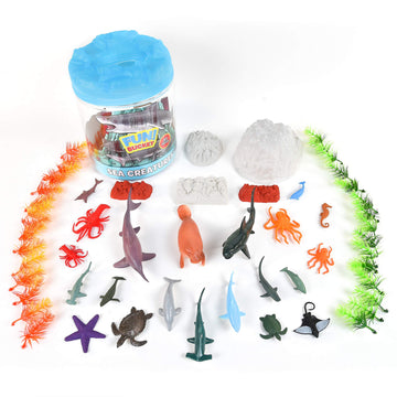 Sunny Days Entertainment Sea Creature Bucket - 56 Piece Toy Play Set for Kids | Aquatic Animals Plastic Figures Playset with Storage Bucket