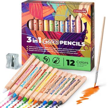 colozoo 3 In 1 Color Pencil Set for Kids -24 Colored Pencil for Toddlers. Fat Coloring Pencils with Brush and Sharpener - Non-Toxic and Vegan Cute