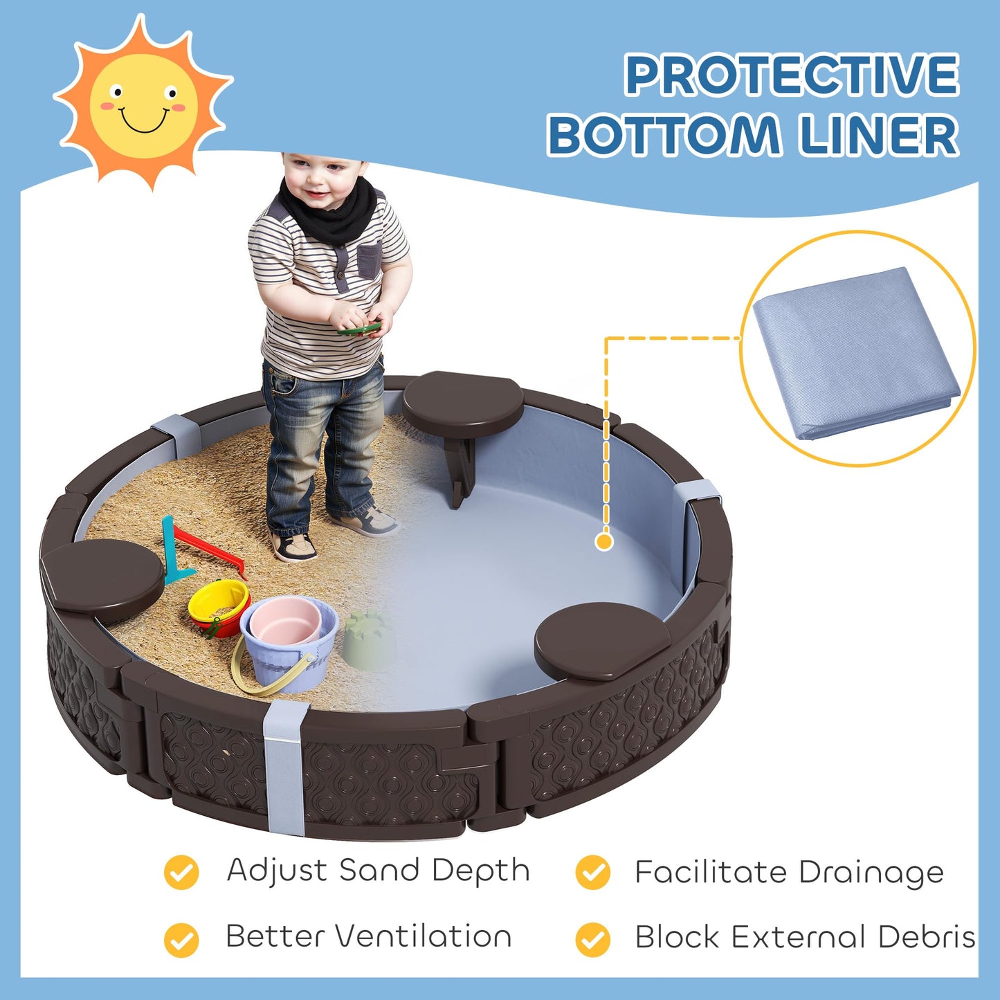 Qaba Kids Sandbox with Cover Round 47" HDPE Sand Pit 3 Seats Brown