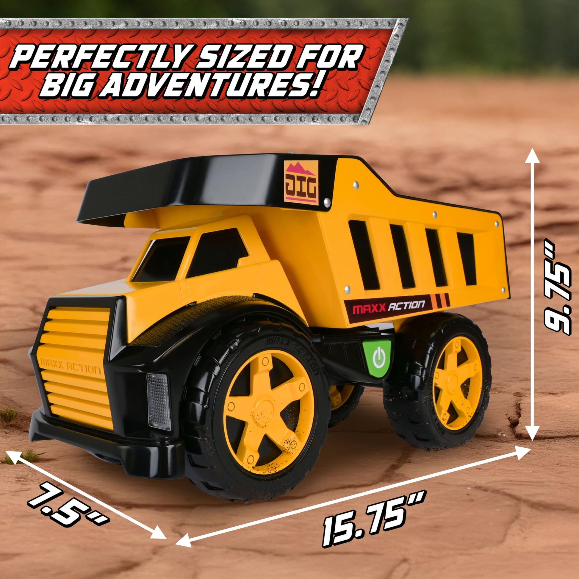 Maxx Action 16" Steel Dump Truck, Realistic Lights & Sounds, Heavy Duty Metal Truck Bed, Extra Large Wheels, Rugged Construction Vehicle Toy for Kids
