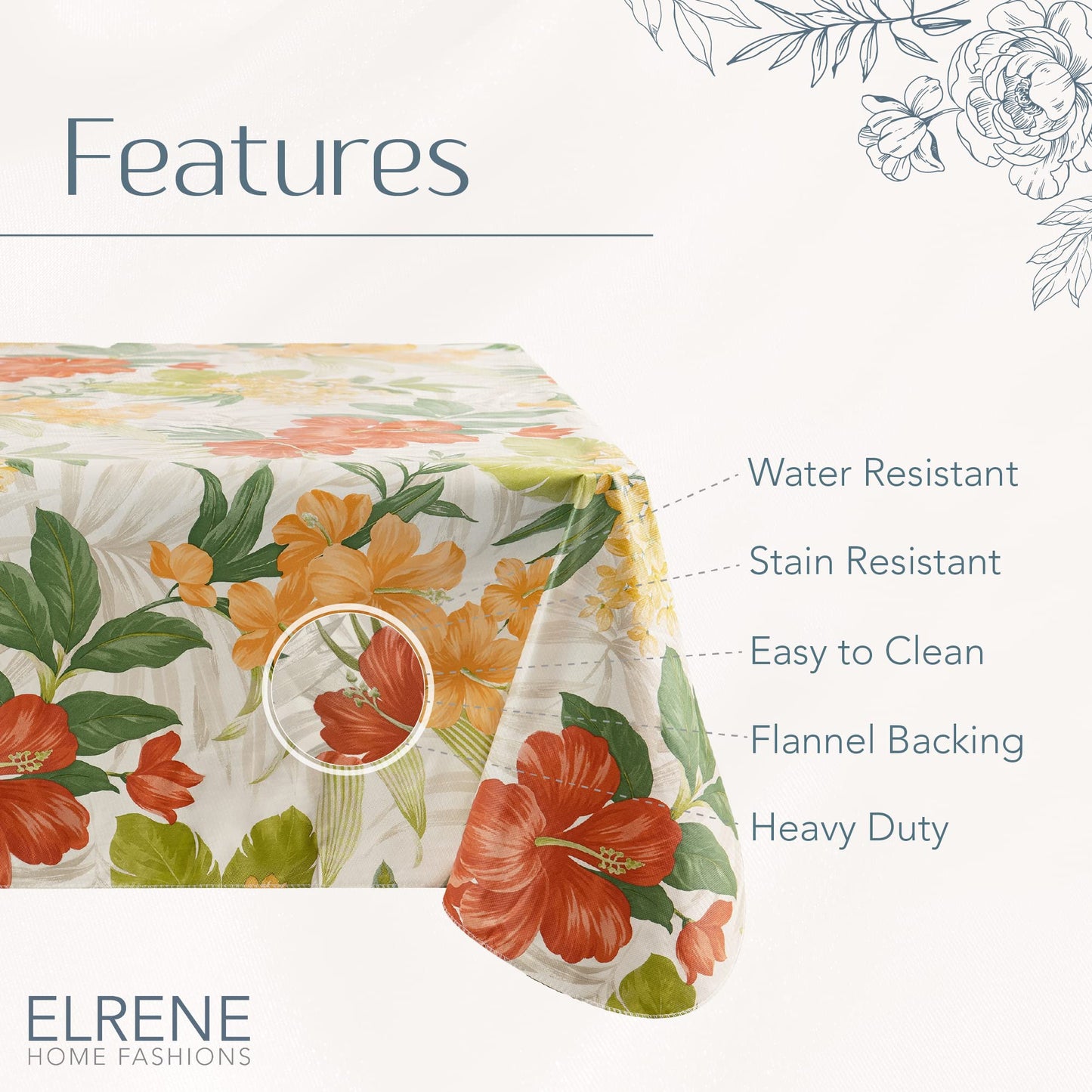 Elrene Home Fashions Callisto Tropical Floral Water- and Stain-Resistant Vinyl Tablecloth with Flannel Backing, 52 Inches X 70 Inches, Rectangle