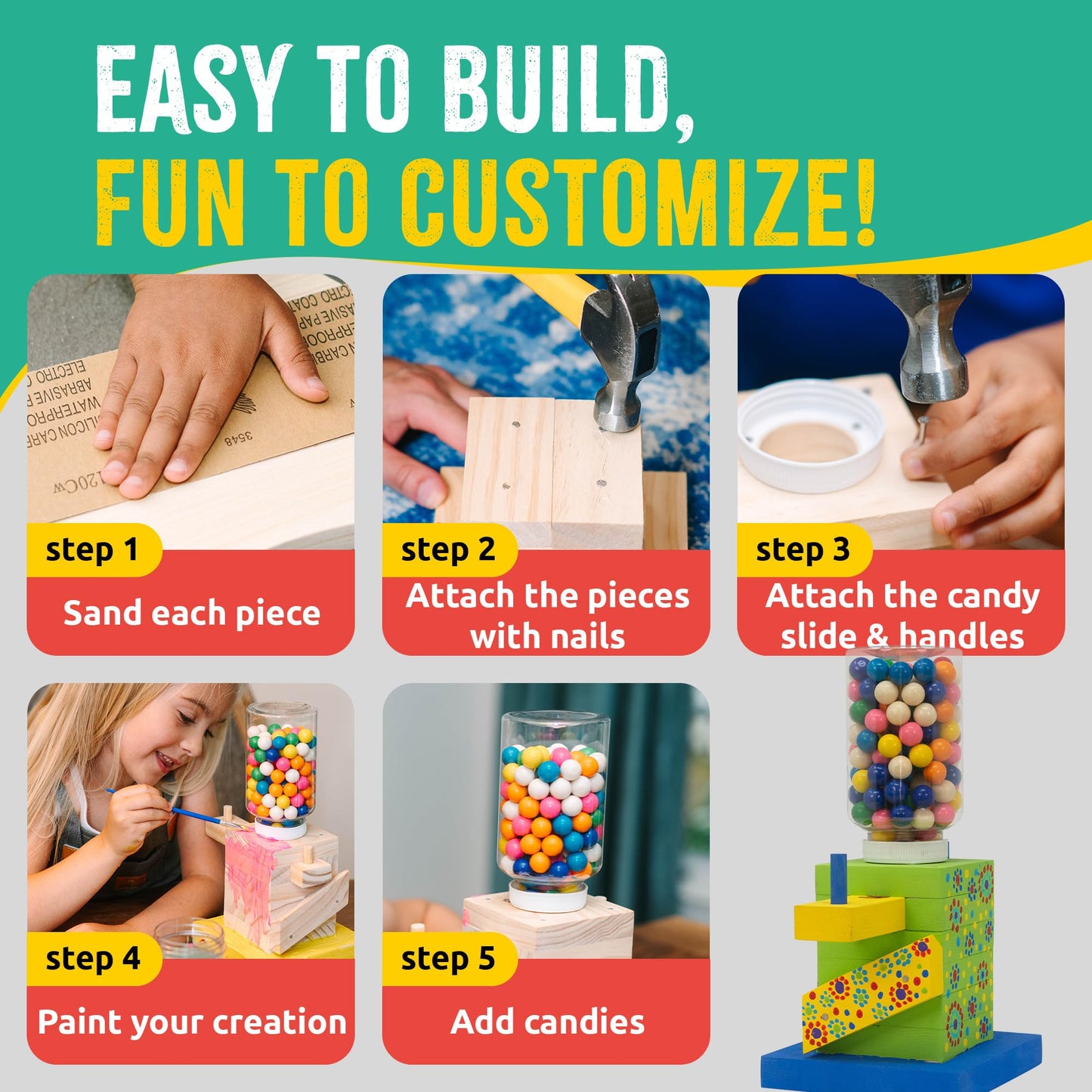 SparkJump Candy Dispenser Woodworking Kit - Complete STEM Building Kit for Kids with FSC-Certified Wood, Paints & Tools, DIY Gumball Machine Craft
