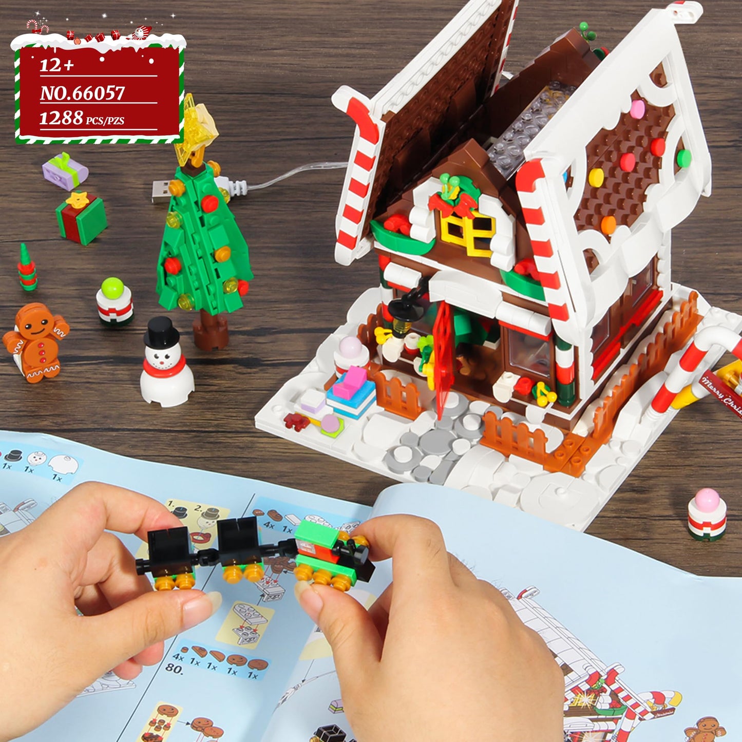 Christmas Gingerbread House Building Block for Girls Age 12+ with LED Lights, Christmas Village House Blocks Set with Christmas Tree and Train