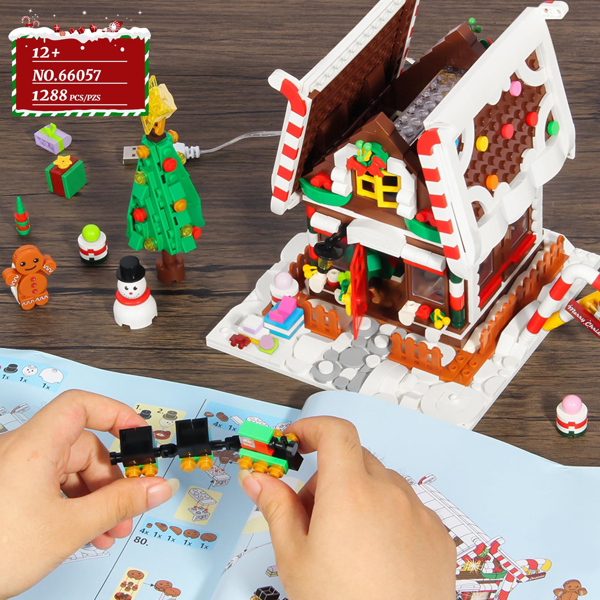 Christmas Gingerbread House Building Block for Girls Age 12+ with LED Lights, Christmas Village House Blocks Set with Christmas Tree and Train