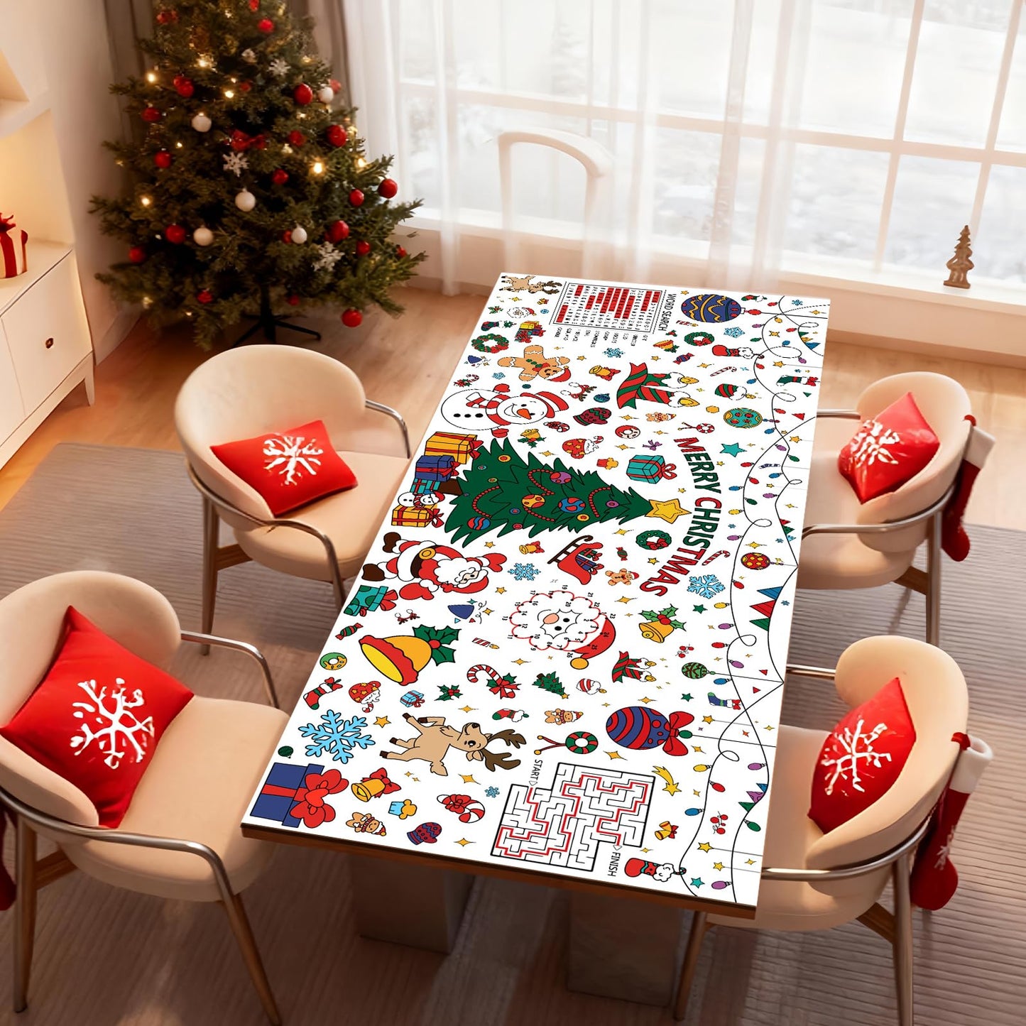Giant Merry Christmas Coloring Poster - Large Christmas Tree Coloring Tablecloth, DIY Xmas Table Cloth Jumbo Banner Paper Craft for Gifts Activities