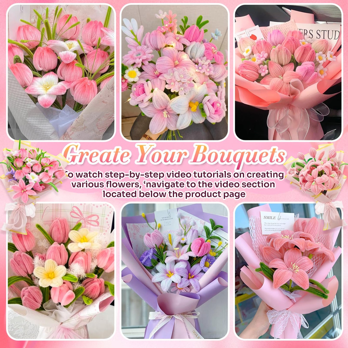 Pipe Cleaners Craft Flowers Kit 791 Pcs, 400 Pcs 7 Colors 8mm Fuzzy Pipe Cleaners Bulk (Tulips/ Lilies), 360 Pcs Stamen, Chenille Stems for DIY Flower