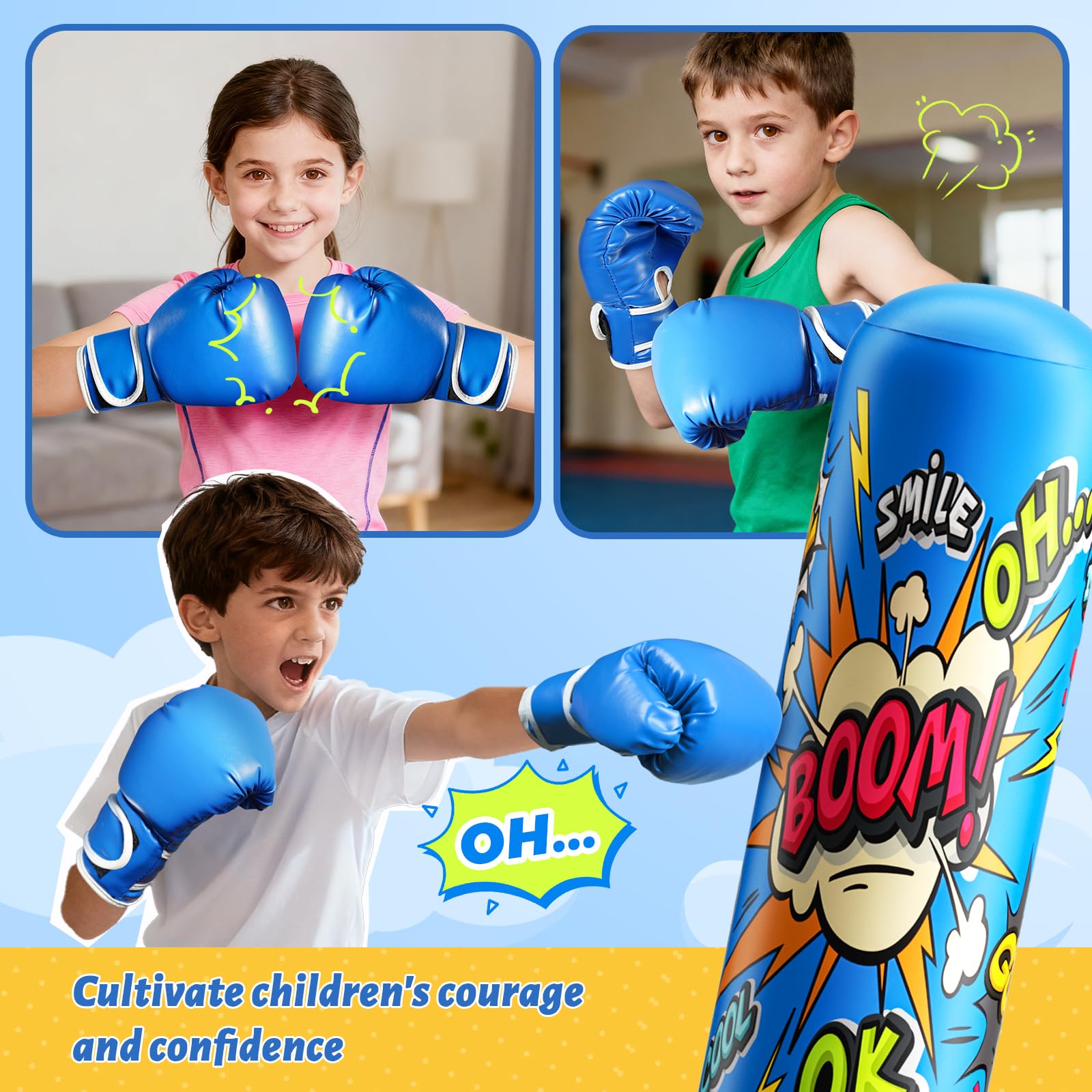 Inflatable Punching Bag for Kids 3-12, Boxing Equipment for Kids and Adults, Christmas, Birthday Gifts, Punching Bag Practice Karate, Taekwondo(Blue)