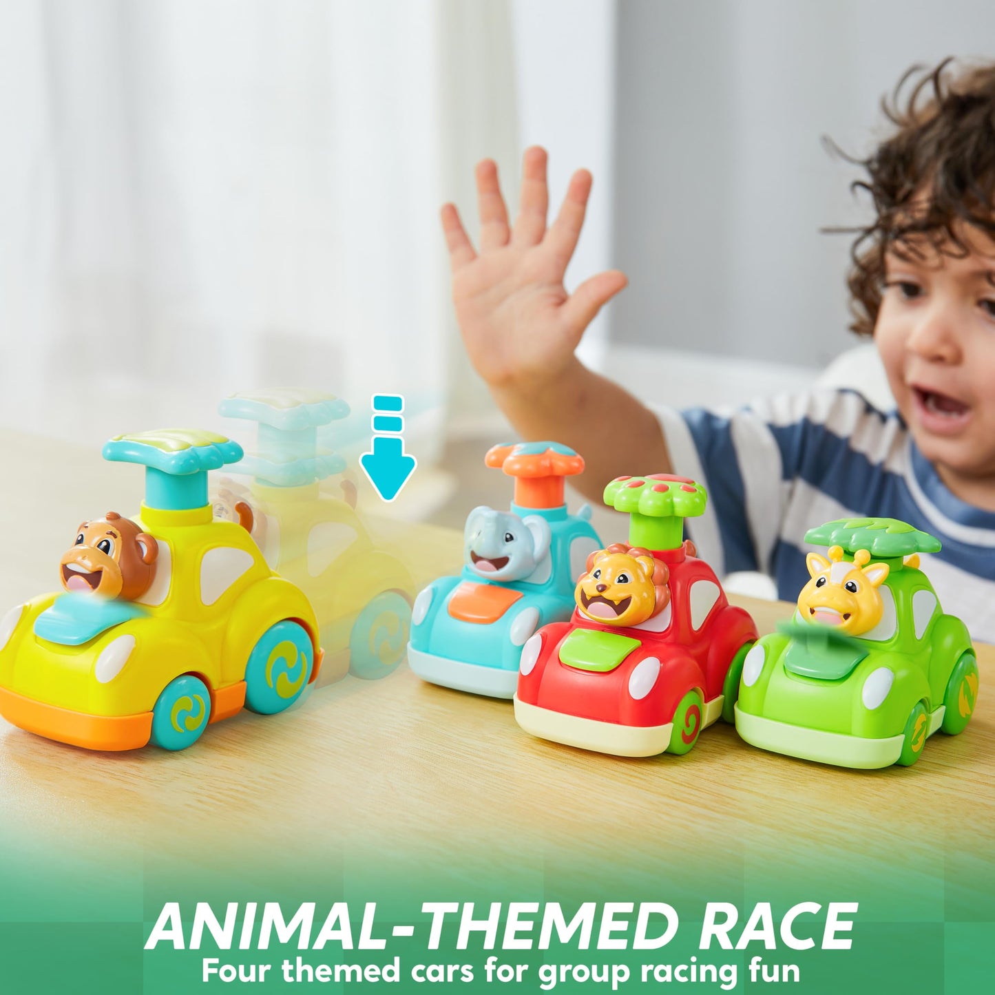 JOYIN Animal Toy Cars, Toddler Toys for Boys Girls, 4 Pack Press and Go Cars Including Elephant, Monkey, Giraffe and Lion, Wind Up Toddler Gift