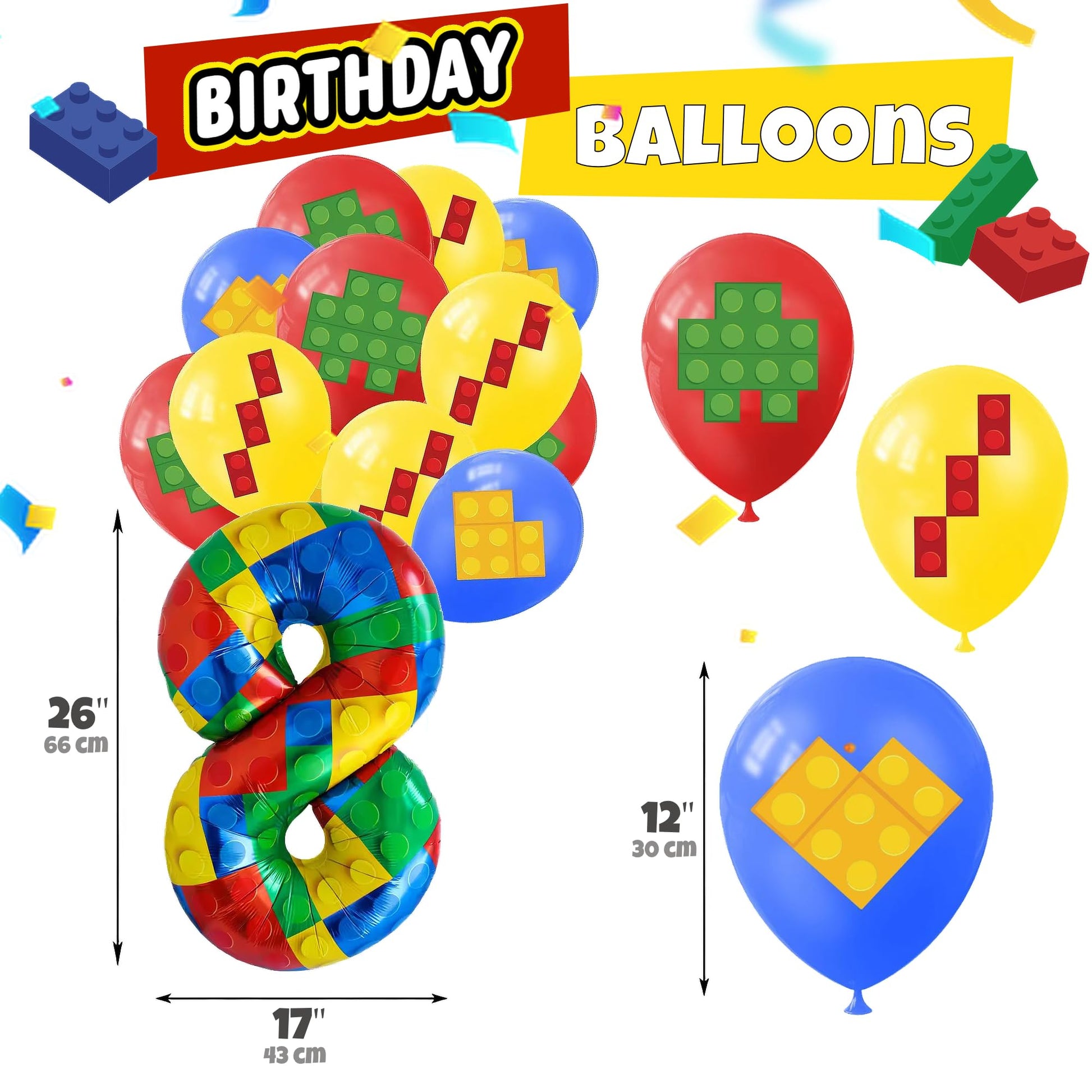 8th Birthday Decorations - Building Blocks Birthday Decorations 8 Year Old Boy - Party Kit: Number 8 Balloon, Banner, Cupcake & Cake Toppers, Balloons