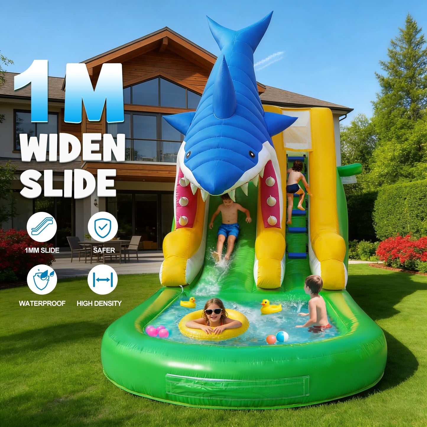 26FT Inflatable Water Slide, 1M Wide Slide with Climbing Steps, Water Hose, Handles, Enclosed Netting & Basketball Set, Heavy Duty PVC Outdoor Water