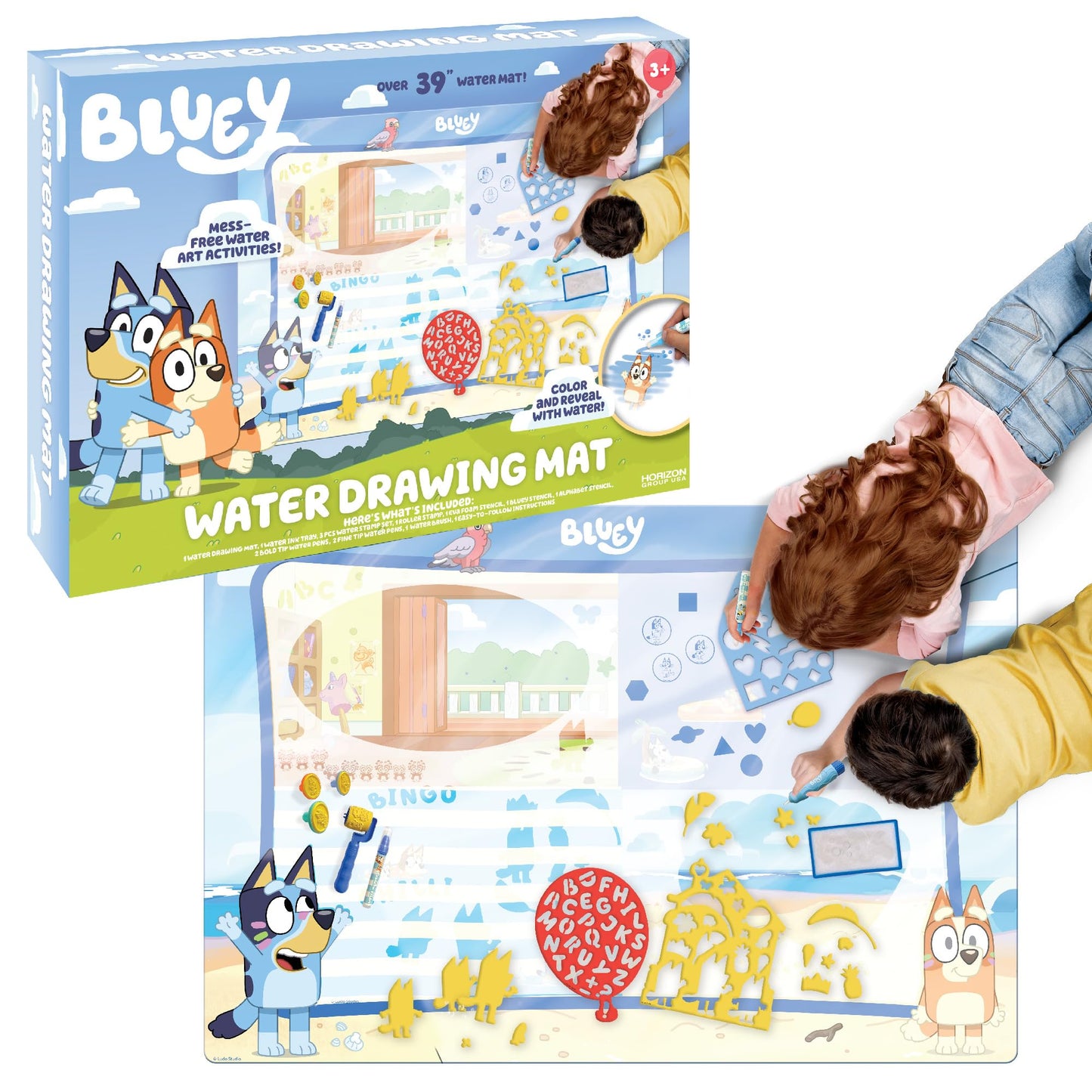 Bluey Water Drawing Mat - Mess-Free Water Art with Stamps, Stencils, and Reusable Accessories for Toddlers