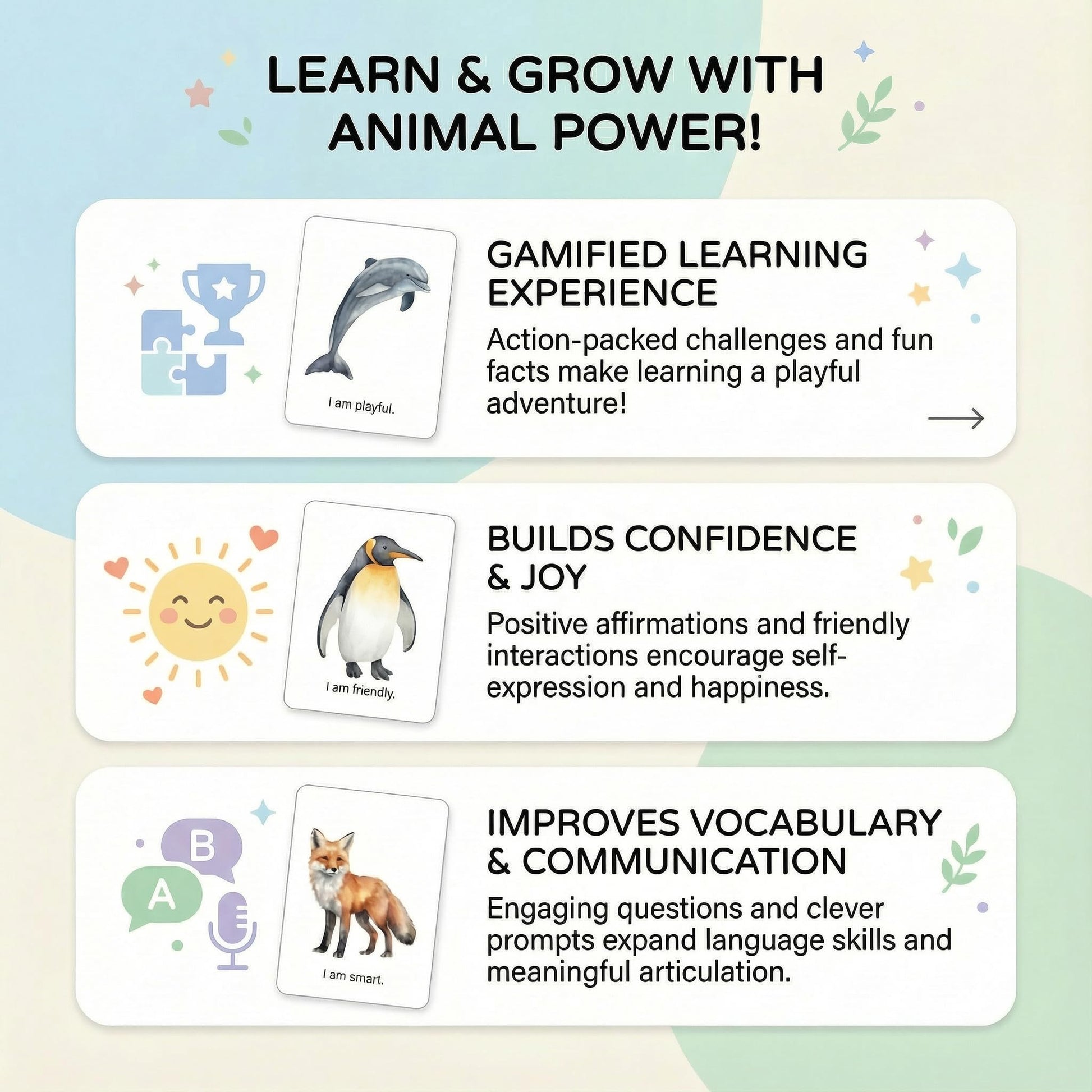 Animal Power an Affirmation Adventure - Affirmation Cards for Kids - Educational Animal Games for Kids 5-8 Year Old - Motivational Cards