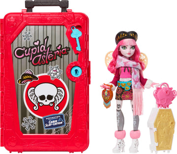 Monster High Skulltimate Secrets Cupid Asteria Doll and Accessories Set, Destination: Cabin Slay-Cation with Suitcase and 19+ Surprises Like Clothes