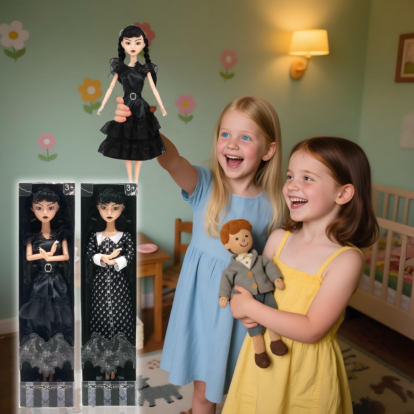 Dumwick 11.5'' Adams Doll with Gift Box, High Heels, Black Dress, and Hair, Perfect Christmas and Birthdays Toy Gift for Girls & Fans(A1)