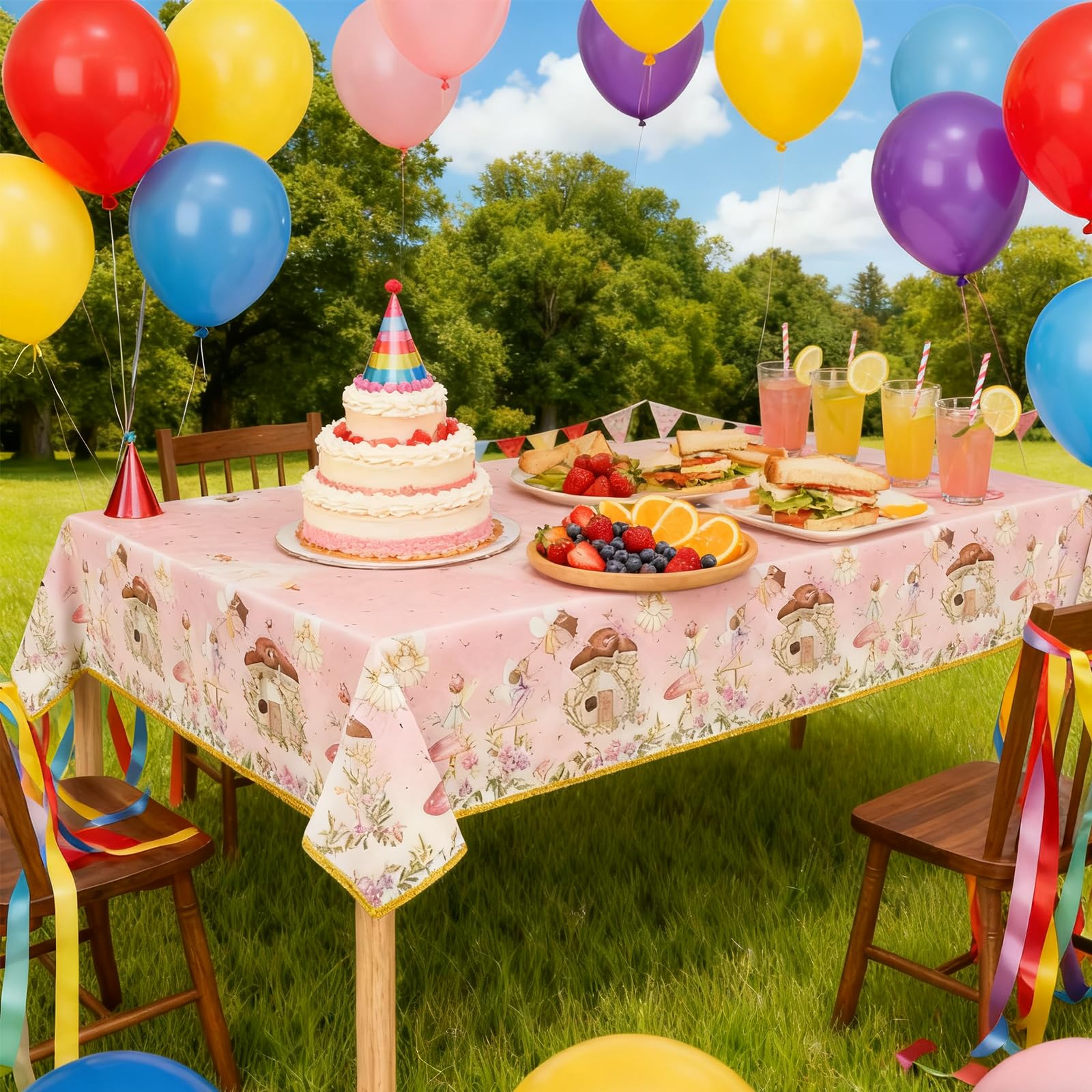 Bphweulko 3pcs Fairy Party Tablecloths, Enchanted Floral Plastic Table Covers for 1st 2nd Birthday & Baby Shower, 54x108 Inches (Pink)